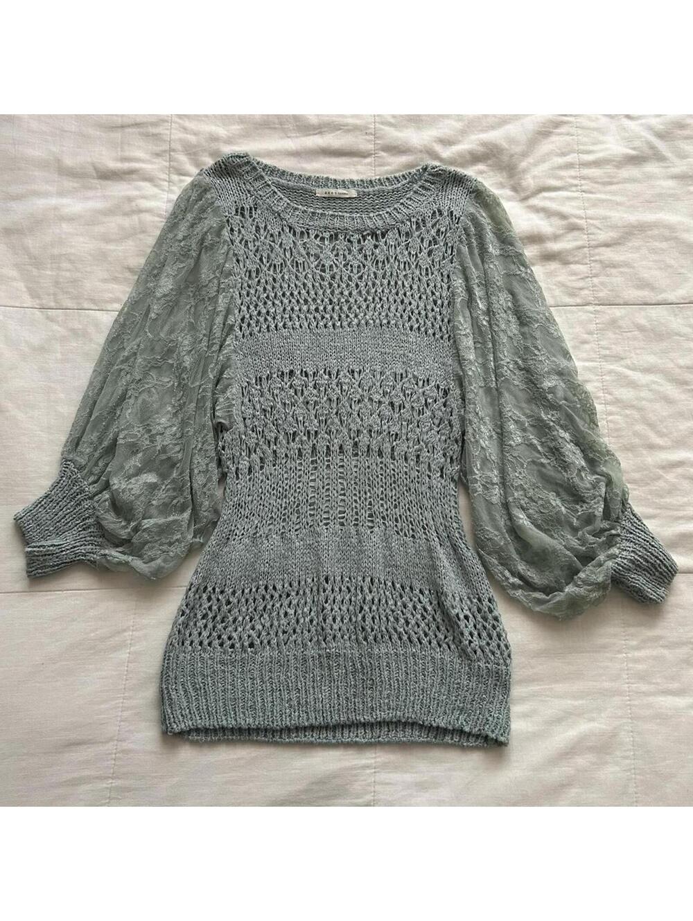 Axes Femme Soft Green Open Knit Lace Bubble Sleeve Top Size M Japan